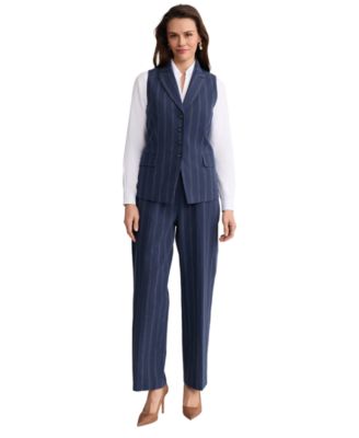 Petite Double Pinstripe Peak Lapel Linen Collar Vest