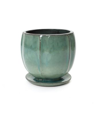 Glossy Gradient Teal Ceramic Planter, 10-Inch Tall Ridged Container with Connected Tray