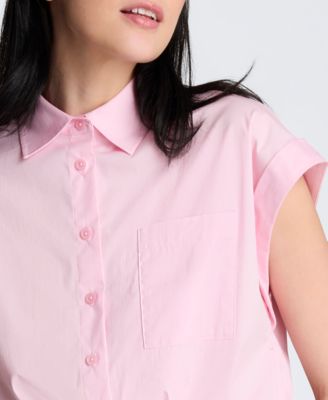 Women's Short Sleeve Button Front Collared Cropped Shirt