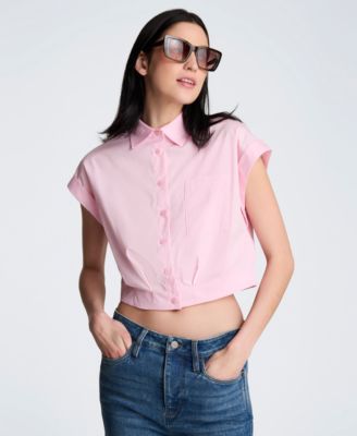 Women's Short Sleeve Button Front Collared Cropped Shirt