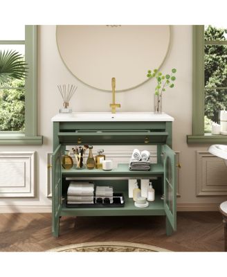 36" Bathroom Vanity with Sink, Medieval Glass Doors, Motion Lighting, Flip Drawer & Adjustable Storage for Modern Bathrooms