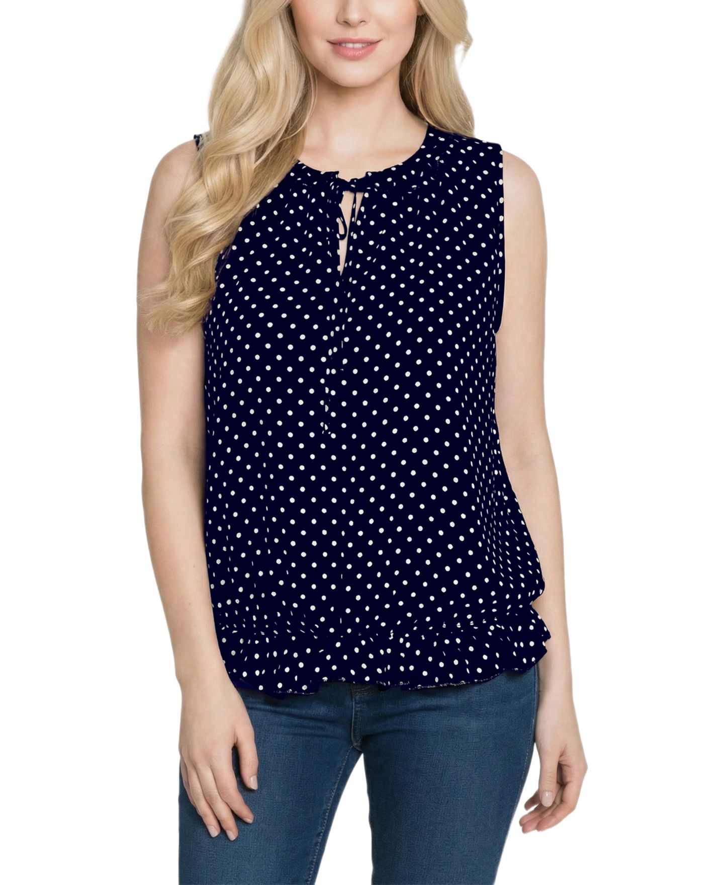 Женский топ NY Collection Sleeveless Ruffle Flounced, цвет: Тёмно-синий белый — фото 1