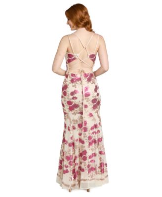 Juniors' Floral Beaded Long Gown