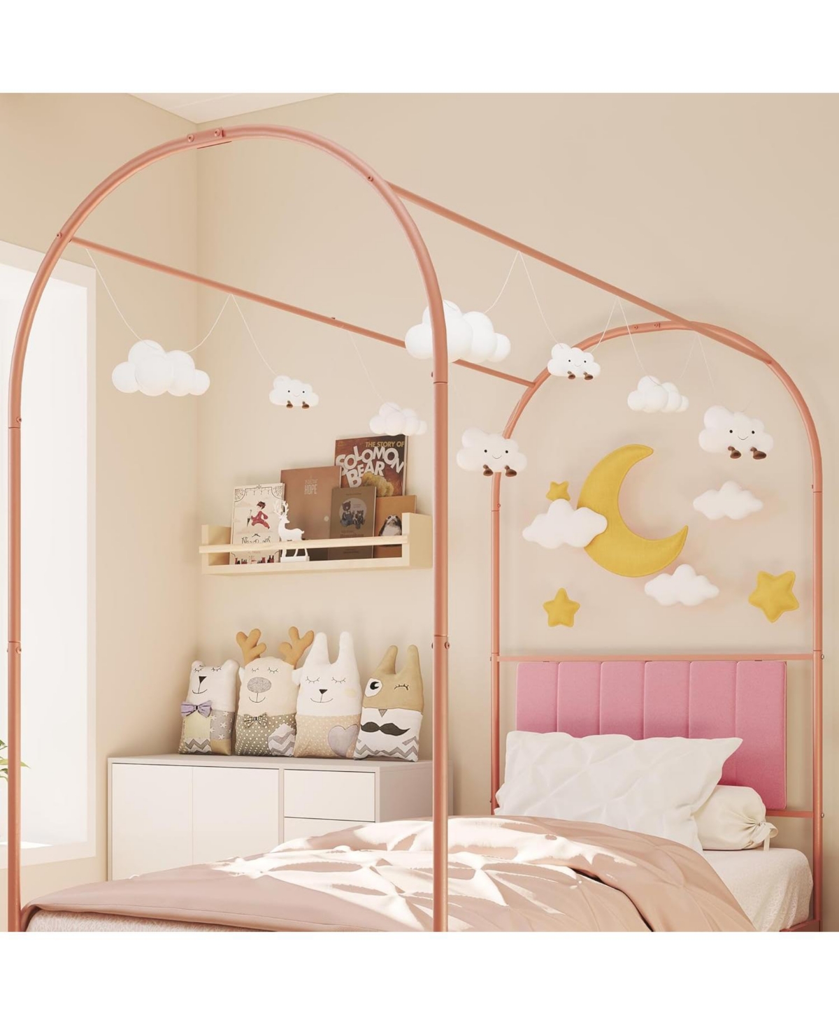gaomon Canopy Bed Frame with Upholstered Headboard, Metal Platform Strong Slats Support & Underbed Storage Space