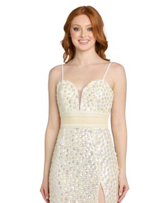 Juniors' Sequin Paillettes Front-Side Slit Long Gown