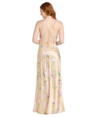 Juniors' Floral Printed Cowl Neck Long Gown