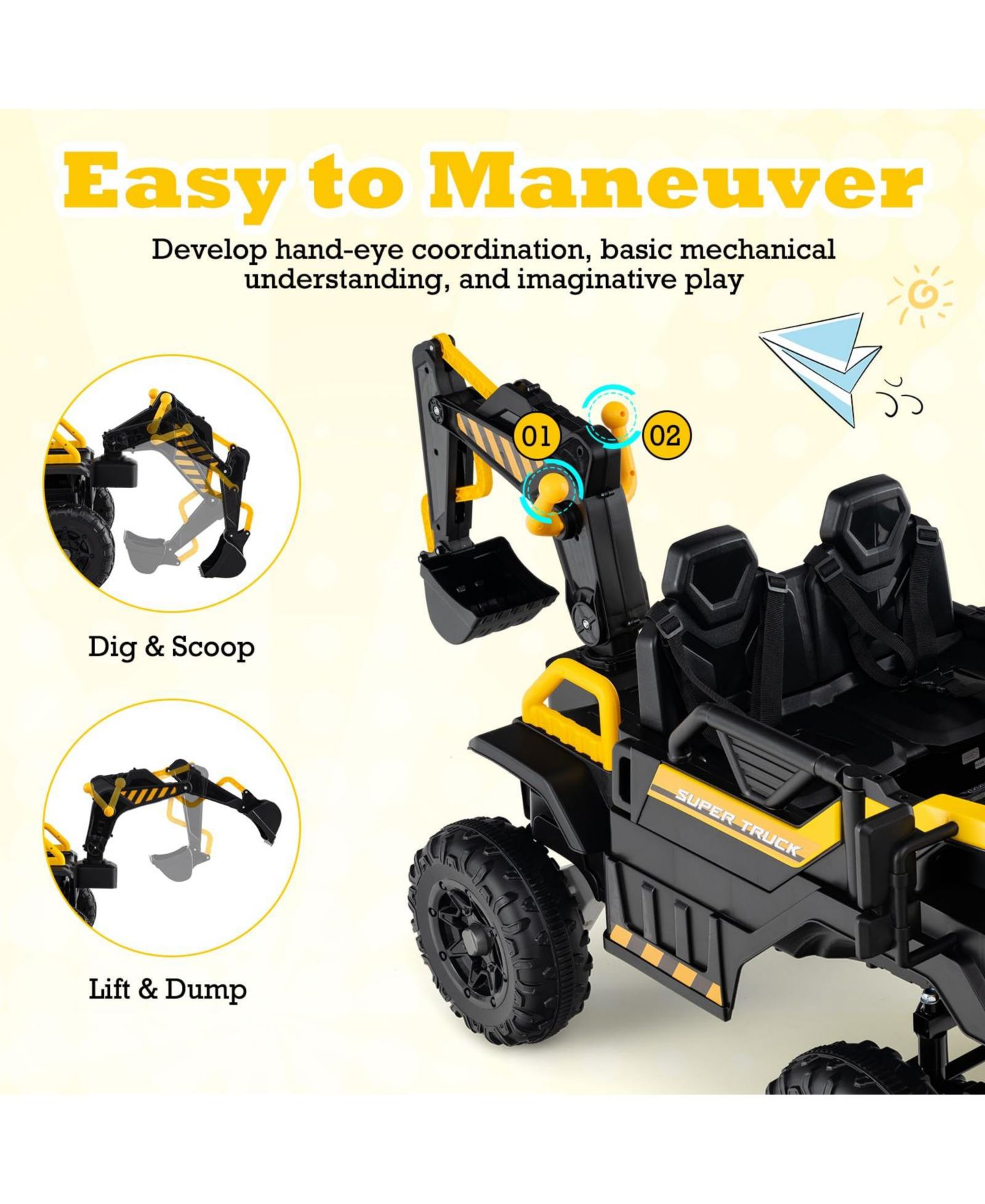 Детская игрушка Mecale 24V Ride On Excavator 4WD 2-Seater with Remote Control and Digging Arm, Ages 3+, цвет: Жёлтый — фото 6