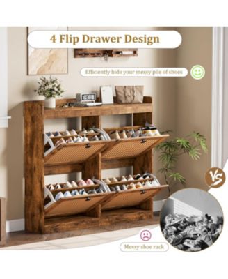 2PCS Of Shoe Cabinet with 4 Deep Flip Drawers Base Freestanding Wooden Shoe Storage Cabinet with Rattan Door and 3-Tier Adjustable Shelves