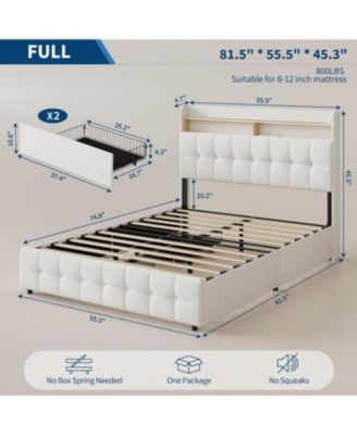 Full Size Bed Frame with 2 Storage Drawers, Upholstered Bed Frame Full with LED Light, Double-Layer Bedside Headboard with Charging Socket
