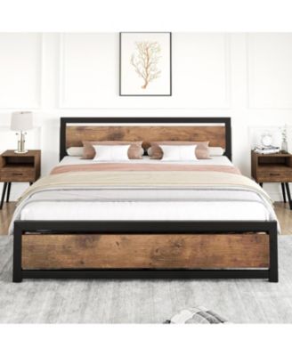 Bed Frame, Industrial Bed Platform with Headboard, Easy Assemble Mattress Bedframe in Retro Brown, No Box Spring Needed