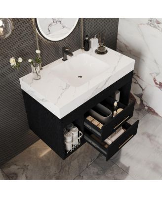 29.9" Floating Bathroom Vanity with Ceramic Sink, Sintered Stone Top, 2 Soft Close Drawers, Wall Mounted for Small Bathrooms