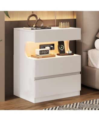 Nightstand with App-Controlled LED Light, Modern Bedside Table with Charging Station, 3 Drawer End Table with USB Ports & Outlets