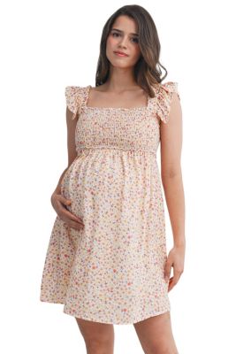 Maternity Smocked Floral Dress with Ruffle Cap Sleeves