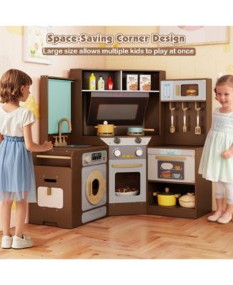 Corner Kitchen Toys with Lights & Sounds, Pull-Out Trash Can & Stove for Kids
