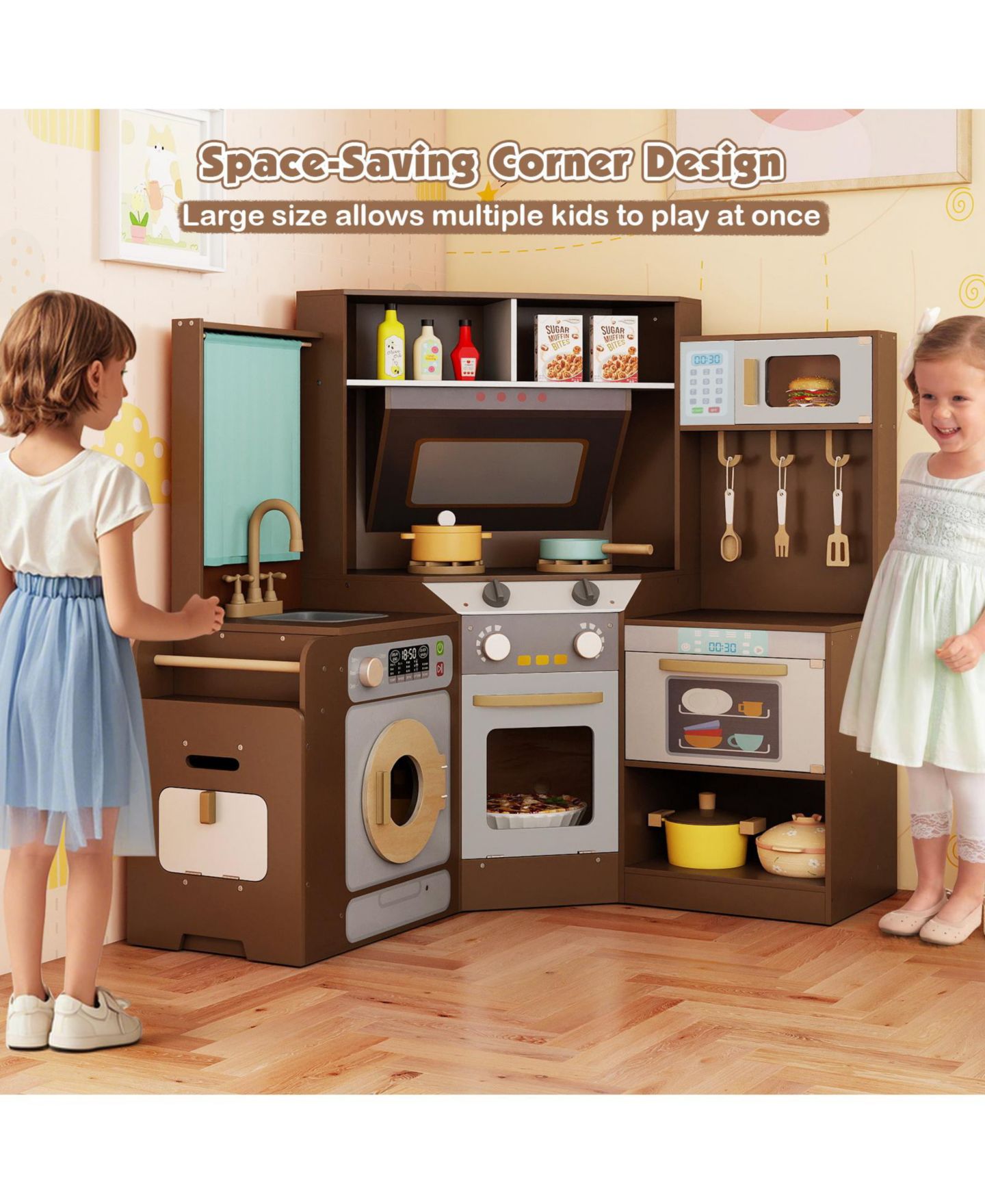 Детская игрушка Mecale Corner Wooden Play Kitchen with Lights & Sounds, Ages 3+, цвет: Коричневый — фото 9