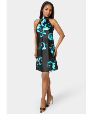 Women's Printed Satin Mock Neck Dress with Bow Back