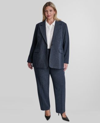 Plus Size Long-Sleeve Pinstripe Oversize One Button Blazer