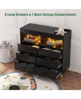 Dresser for Bedroom with 6 Drawers, Multi-Functional Nursery Dresser with LED Lights & Charging Station