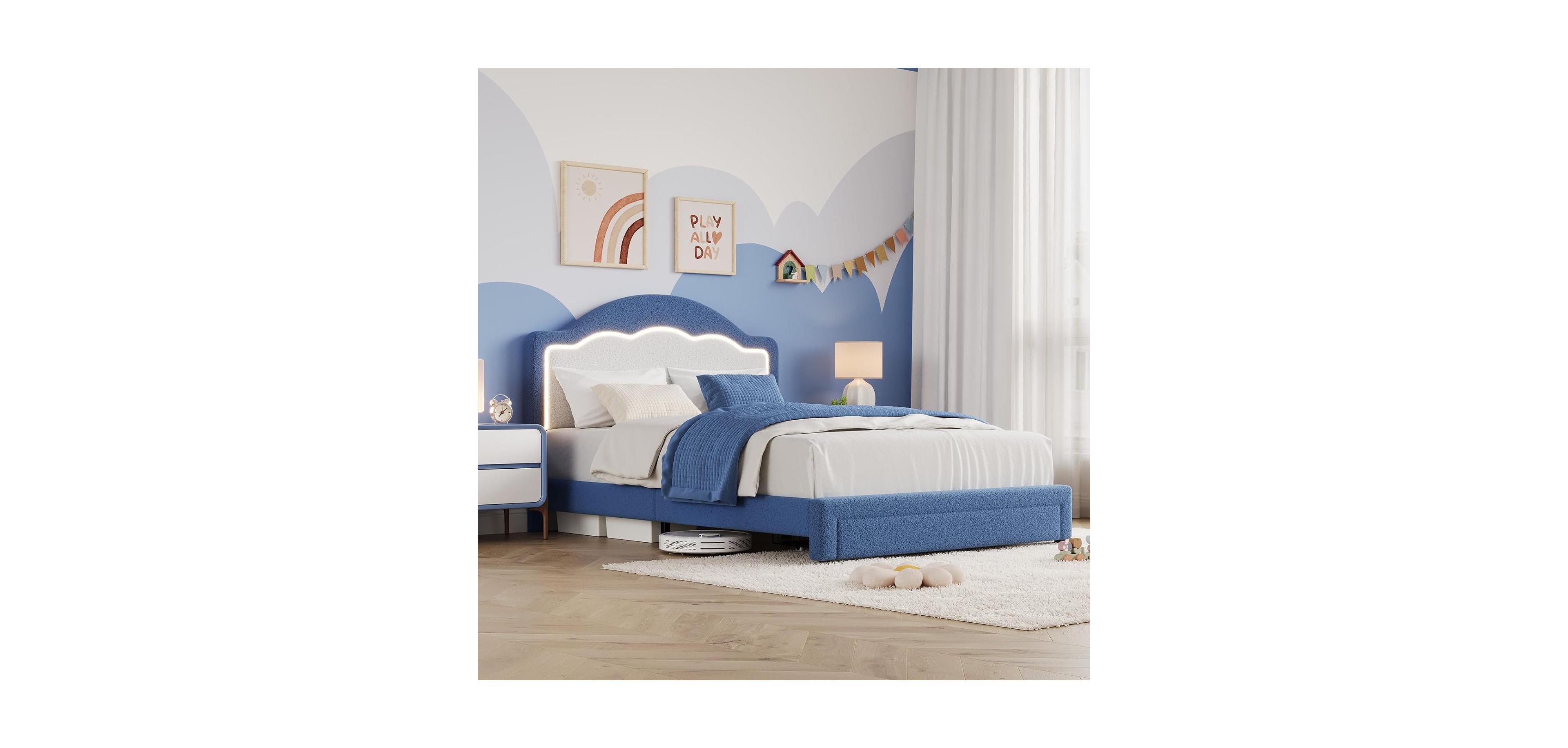 gaomon Bed Frame with Adjustable Headboard, Sherpa Fleece Upholstered Platform Led Lights, 750 Lb Capacity