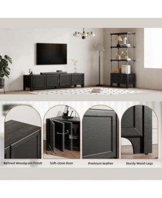 Modern TV Media Console with Leather-Wrapped Doors and Cabinet Storage