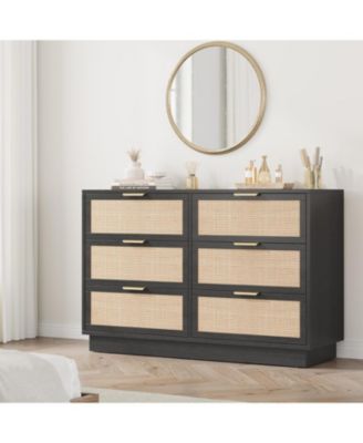 6 Drawer Rattan Dresser for Bedroom, Integrated Cabinet Body & Legs Design, Wooden Chest of Drawers for Hallways, Entryways and Closet