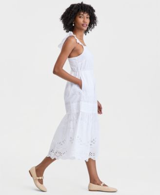 Women's Cotton Poplin Eyelet Pintucked Midi Dress