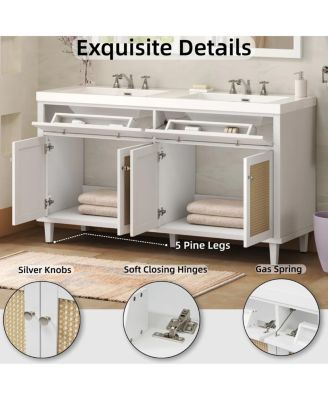 60" Double Sink Bathroom Vanity, Modern Solid Wood Freestanding Cabinet with SMC Top, Rattan Doors & Flip-Out Tray