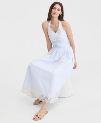 Women's Cotton Maritime Stripe Halter Lace-Trim Midi Dress