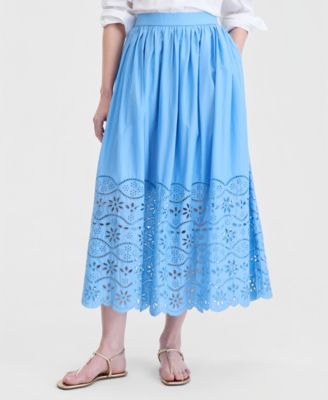 Women's Cotton Solid Eyelet Midi Skirt