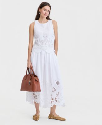 Women's Cotton Solid Eyelet Midi Skirt