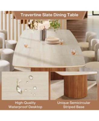 78.74" Travertine Slab Dining Table for 8-10, Travertine Slab Tabletop & Semi-Circular Stripe Base