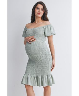 Maternity Off-the-Shoulder Smocked Bodycon Midi Dress with Ruffle Hem