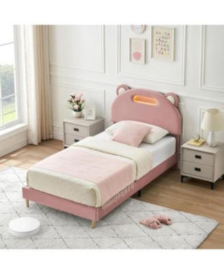 Bed Frame with LED Lights, Upholstered Platform Bed with Headboard & Wooden Slats Support, Noise-Free, No Box Spring Needed