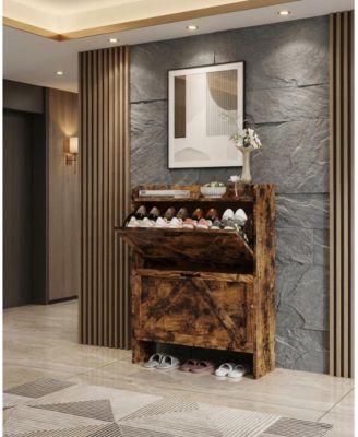 Narrow Shoe Cabinet with 2 Flip Drawers Freestanding Hidden Shoe Rack for Entryway Bedroom and Hallway