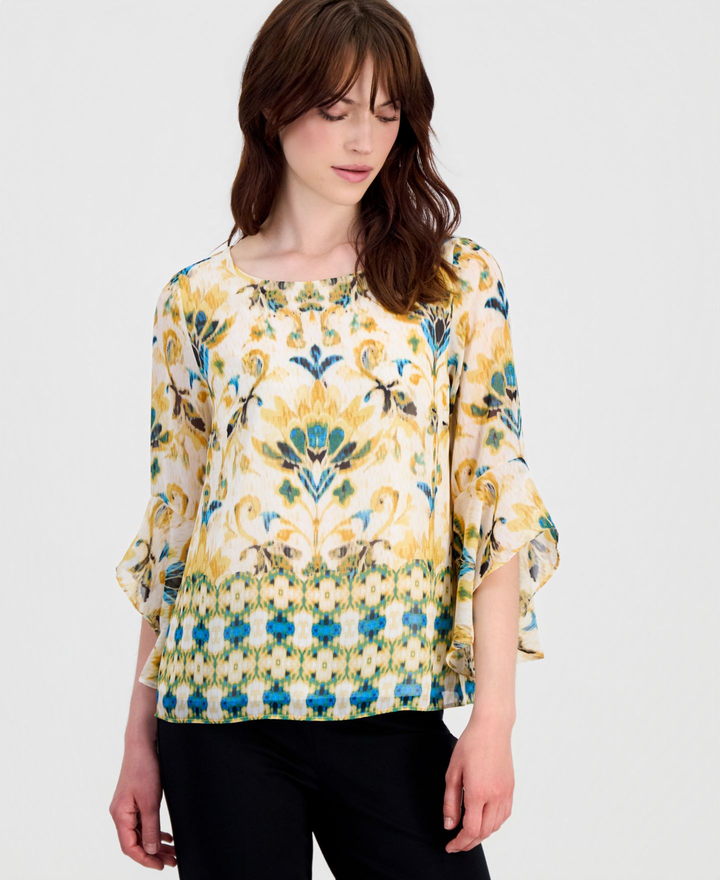 Женская блузка Kasper Printed Ruffled-Sleeve Blouse, цвет: Разноцветный — фото 1