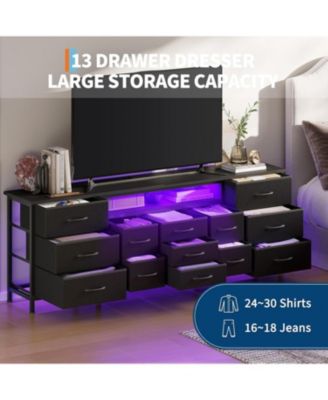 70 Inch Long Dresser with 13 Drawers, TV Stand for 65-80 Inch TV with Charging Station & LED Lights