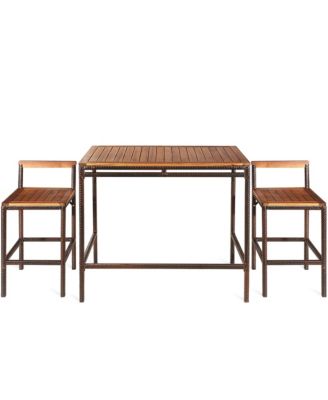 3PCS Patio Bar Set Dining Set Outdoor Furniture Set w/ Wooden Tabletop