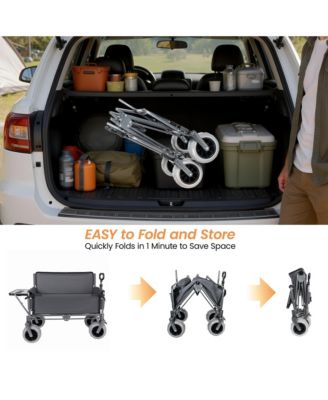 Collapsible Wagon with Bench Seat and Rear-Mounted Folding Tabletop, 500lbs Heavy-Duty, 180L Capacity for Camping, Beach and Garden