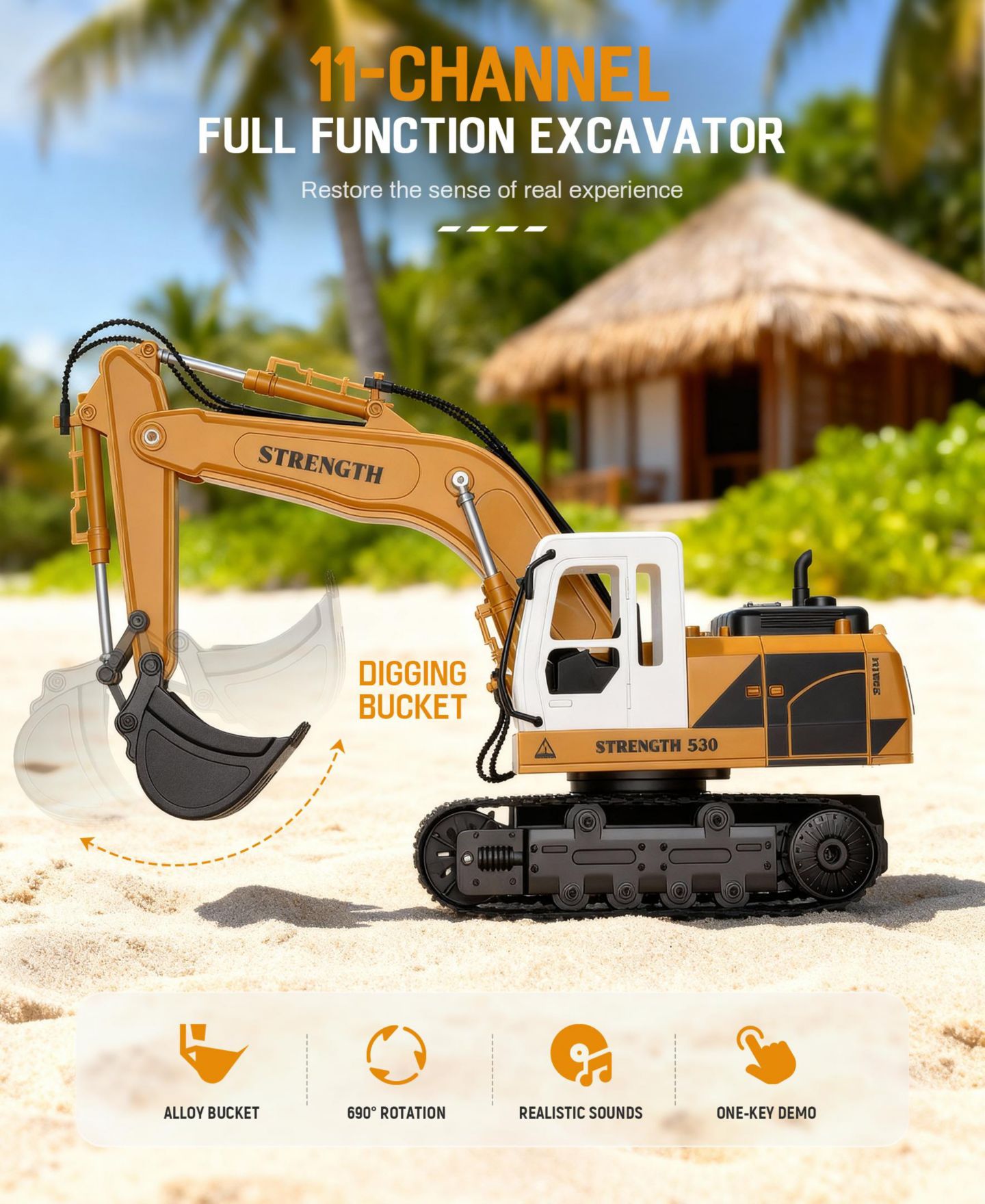 Детская игрушка SUGIFT 1:16 11-Channel Control Alloy Bucket RC Excavator with Lights and Sounds, цвет: Жёлтый — фото 4