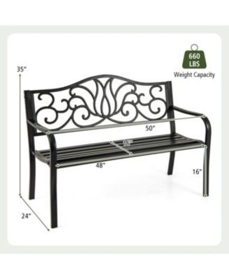 Outdoor 50 Inch Patio Bench with Floral Design Back and Slats