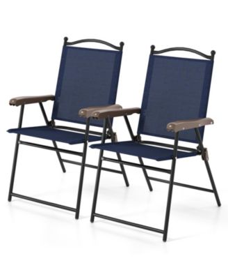 Gymax - Patio Folding Chairs Set of 2 Outdoor Dining Chairs w/ Ergonomic Backrests & Armrests Navy