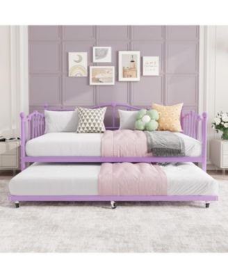 Daybed with Trundle Heart Design Noise Free Platform Sofa Bed Steel Slats Space-Saving Bedroom Purple