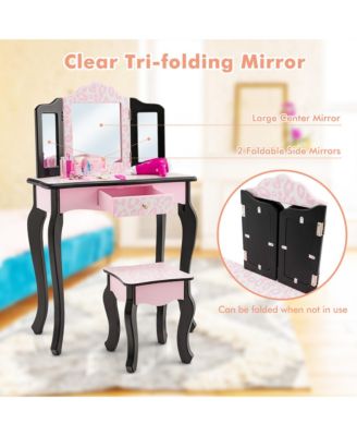 Kid Vanity Set Wooden Makeup Table Stool Tri-Folding Mirror