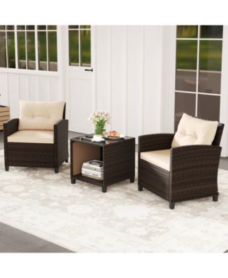 3 PCS Patio Sofa Set with Cushions & Tempered Glass Tabletop for Backyard