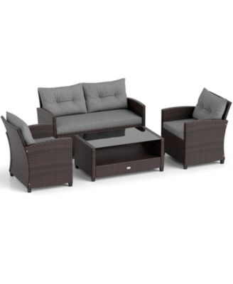 4 PCS Patio Rattan Furniture Set Glass Table Shelf Sofa Cushion