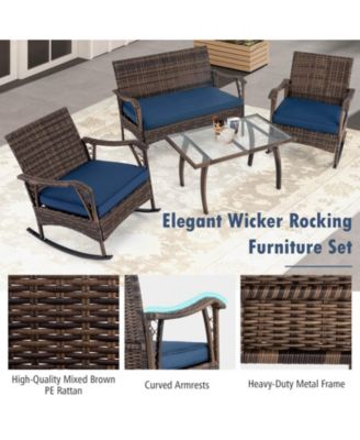 4 PCS Wicker Rocking Set with Loveseat & Coffee Table Heavy-Duty Metal Frame