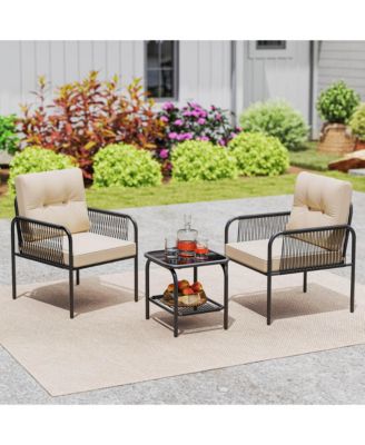 3 PCS Patio Bistro Set with Tempered Glass Table Chairs Back and Seat Cushions