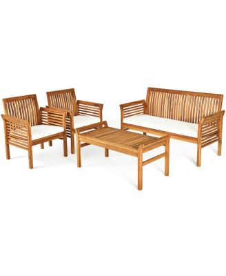 4 PCS Outdoor Acacia Wood Sofa Furniture Set Cushioned Chair Coffee Table Garden