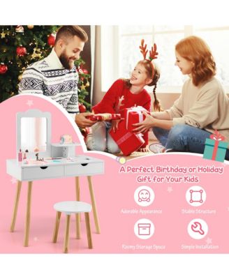Kid Vanity Table Chair Set with Mirror Large Storage Drawers Wooden Legs