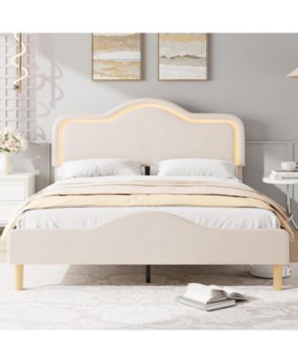 Full Bed Frame Adjustable LED Headboard Velvet Upholstered Platform Wooden Slats No Box Spring
